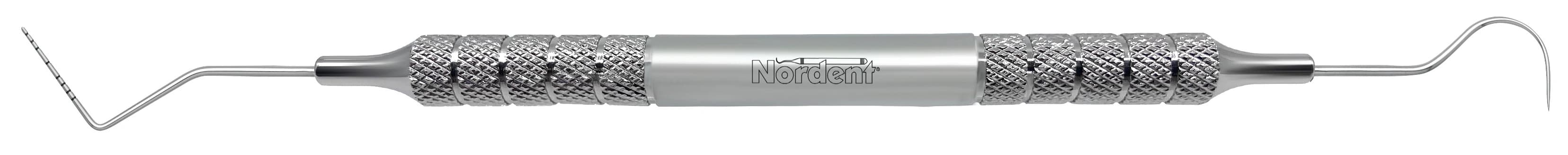 Nordent Color Coded Expro, Double-Ended Explorer/Williams Probe, #23 Shepherd Hook, 1-2-3-5-7-8-9-10 mm Markings, Medium Round Handle, OW/23 - Color Coded Expros - #23/Williams (1-2-3-5-7-8-9-10) - Medium Round - Image 1