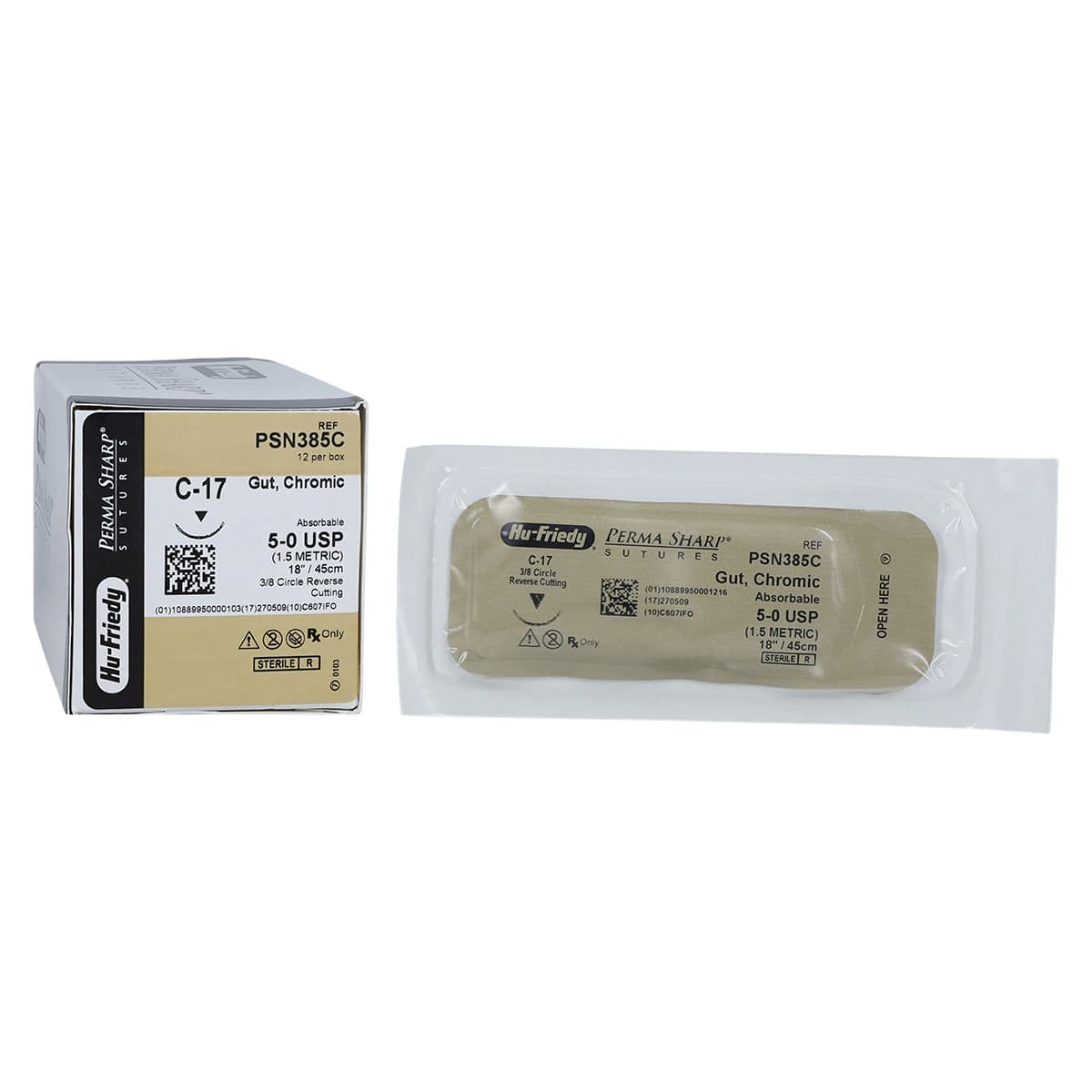 Hu-Friedy Perma Sharp Absorbable Chromic Gut Suture, 5-0, C-17 Reverse-Cutting Needle, 3/8 Circle, 18", 12/Box, PSN385C - Suture Chromic Gut C-17 Needle 5-0 Box of 12 - Image 1