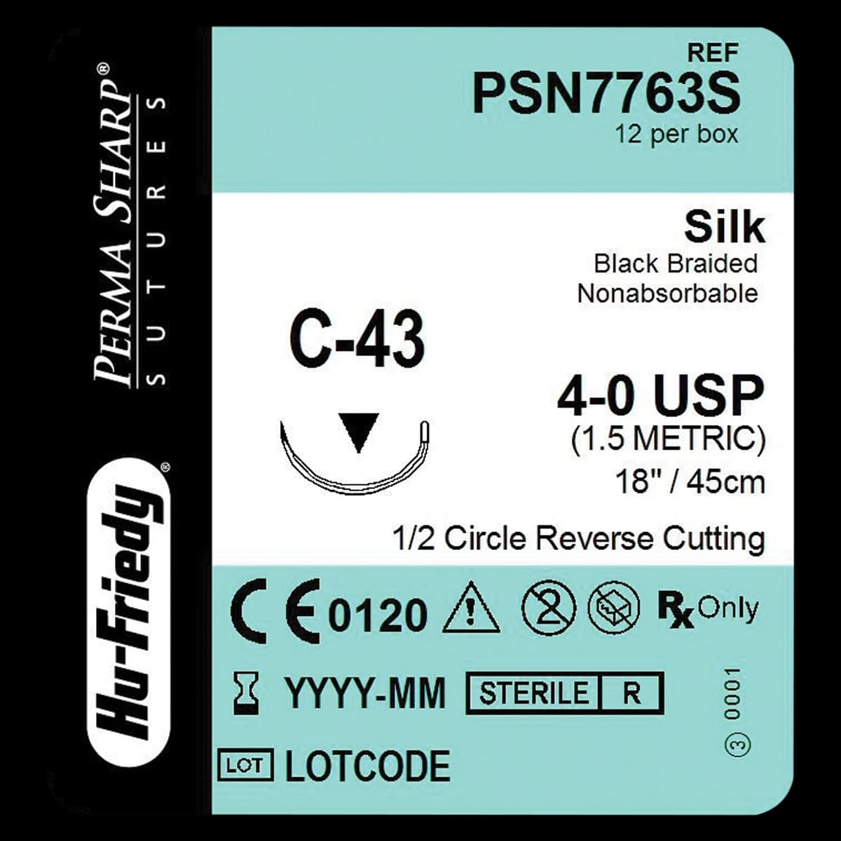 Hu-Friedy Perma Sharp Non-Absorbable Silk Black Braided Suture, 4-0, 18", C-43 1/2 Circle Reverse Cutting Needle, 12/Box - Perma Sharp® Sutures - Non-Absorbable Silk Black Braided - 4-0 / C-43 / 18" - Image 1