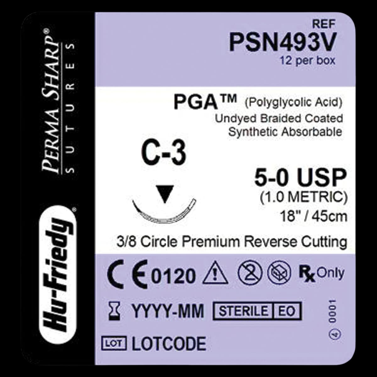 Hu-Friedy Perma Sharp PGA Absorbable Suture, 5-0, Undyed Braided, C-3 Premium Reverse Cutting Needle, 3/8 Circle, 18", 12/Box, PSN493V - Suture PGA C-3 Needle 5-0 Box of 12 - Image 1