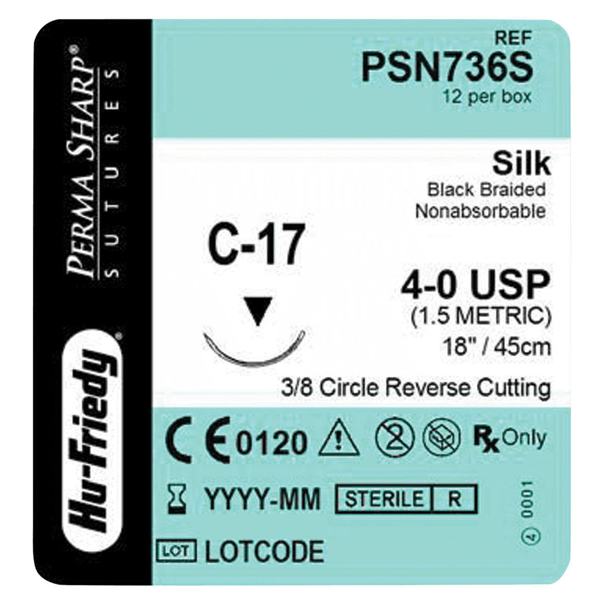 Perma Sharp® Non-Absorbable Silk Black Braided Suture, 4-0, 18", C-17 Reverse Cutting 3/8 Circle Needle, 12/Box, PSN736S - Perma Sharp® Sutures - Non-Absorbable Silk Black Braided - 4-0 / C-17 / 18" - Image 1