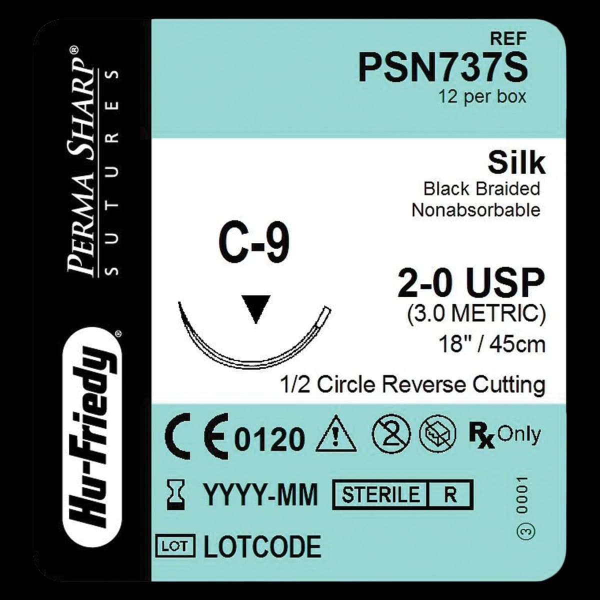 Perma Sharp Non-Absorbable Silk Black Braided Suture, 2-0, C-9 1/2 Circle Reverse Cutting Needle, 18", 12/Box, PSN737S - Perma Sharp® Sutures - Non-Absorbable Silk Black Braided - 2-0 / C-9 / 18" - Image 1