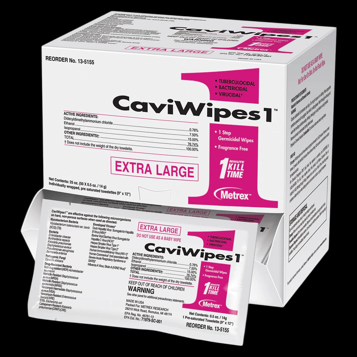 CaviWipes1 Surface Disinfectant Wipes, Extra Large, 9 in x 12 in, Individually Wrapped, 50/Box - CaviWipes1 Disinfectant Wipes - Image 1