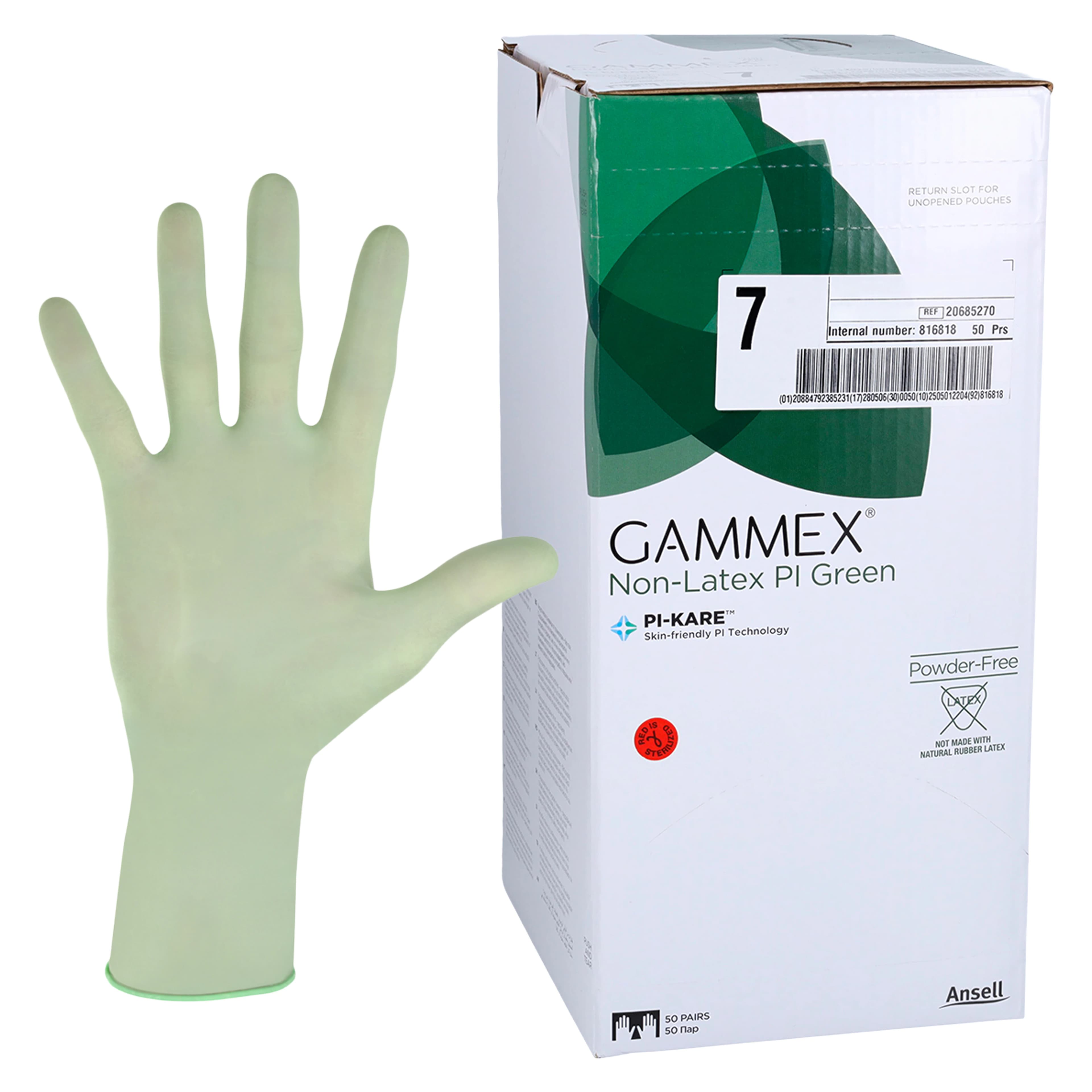 Ansell Gammex Non-Latex PI Green Polyisoprene Surgical Gloves, Sterile, Powder Free, Size 7.0, 50 Pairs/Box, 20685270 - Surgical Gloves, 100% Synthetic Polyisoprene, No Natural Rubber, Sterile, Powder Free (PF), Surgical, Size 7.0, 50 pr/bx, 20685270 - Image 1