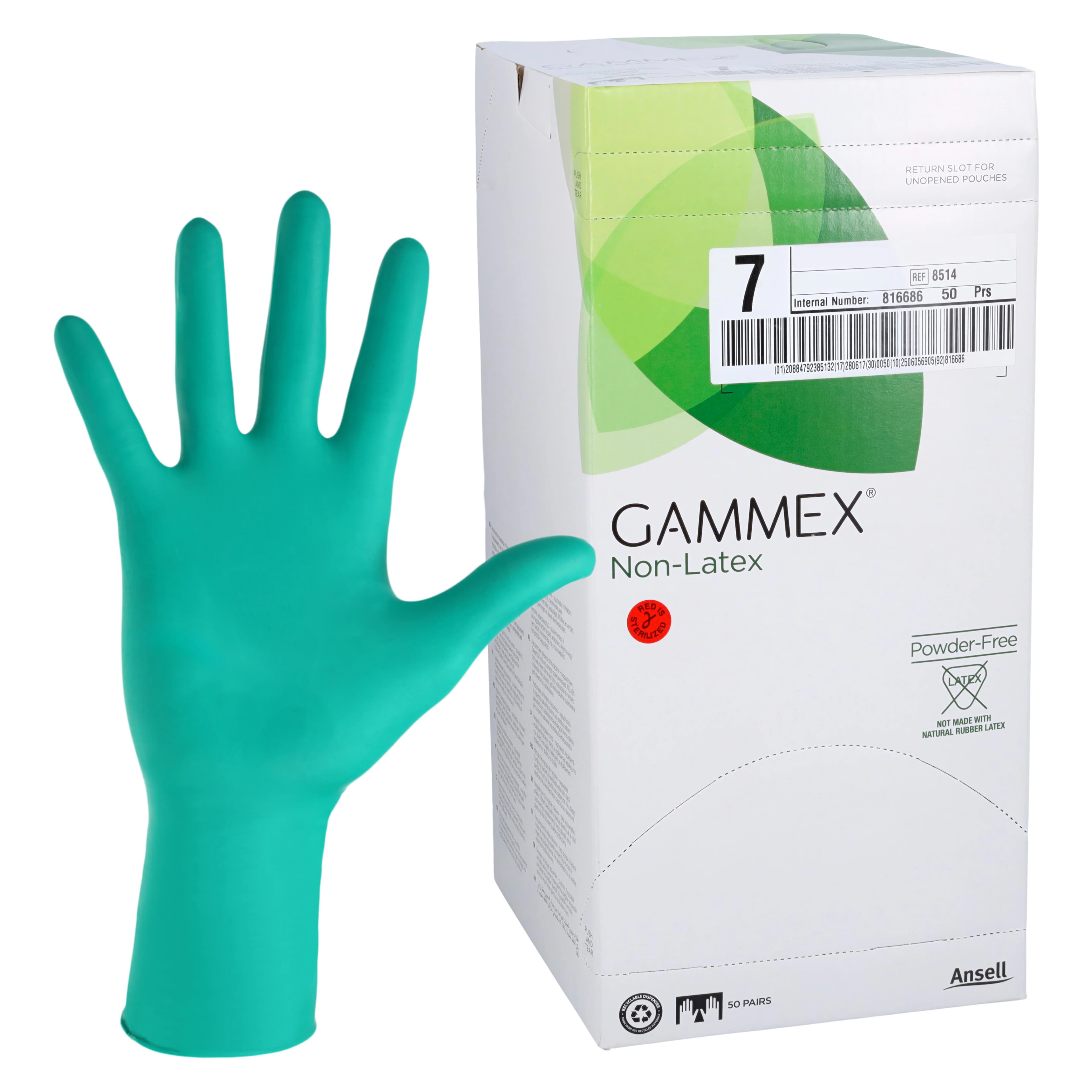 GAMMEX Non-Latex Neoprene Surgical Gloves, Sterile, Powder-Free, Dark Green, Size 7, 50 Pairs/Box, 8514 - GAMMEX® Nonlatex Surgical Gloves – Latex Free, Powder Free, Dark Green, 50/Pkg - Size 7 - Image 1