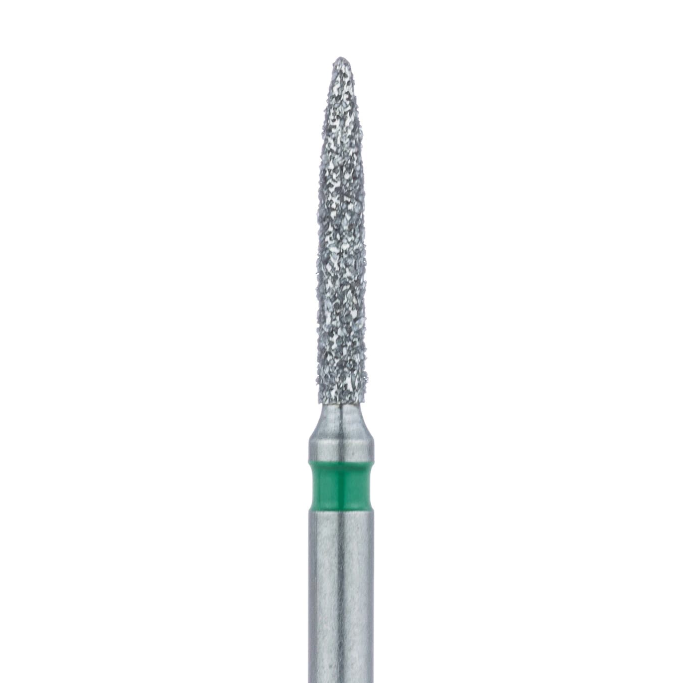 Meisinger 862G-012-FG Coarse Flame Diamond Bur, Friction Grip, 1.2 mm Head, 8 mm Working Length, Green Band, Multi-Use, 5/Pk - Meisinger FG #862.012 Coarse Flame Shaped, Diamond Burs, 5/Pk - Image 1