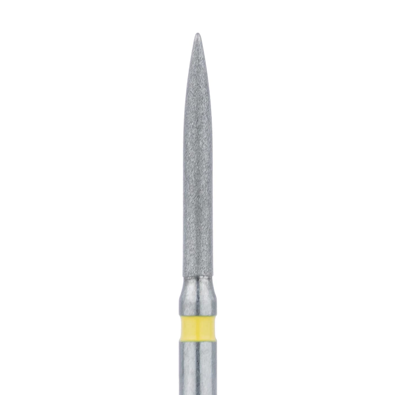 Meisinger 863C-012-FG Diamond Bur, FG, Extra Fine (Yellow), Flame, Point End, 1.2 mm Head Diameter, 10 mm Head Length, 5/Pkg - Diamond Instruments – FG, Extra Fine, Yellow, Flame, Point End - 863C-012-FG, 1.2 mm Head Diameter, 10.0 mm Head Length, 5/Pkg - Image 1