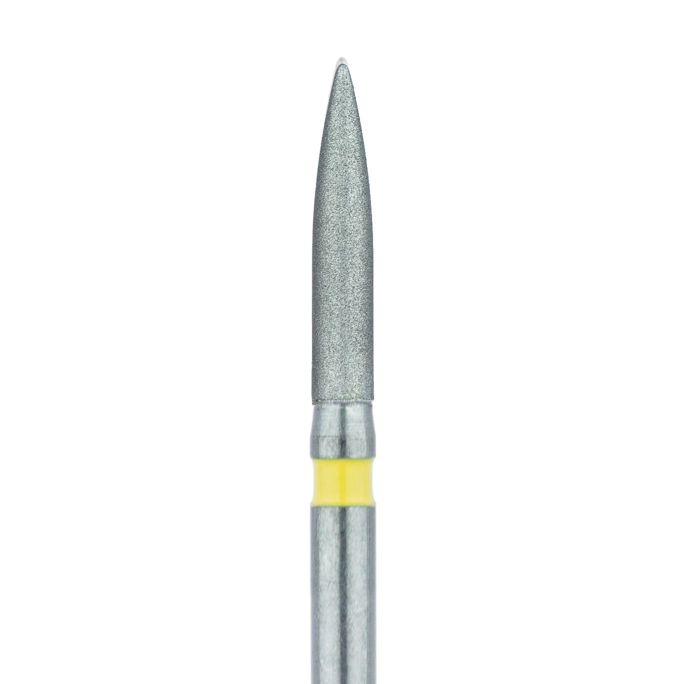 Meisinger 862C-014-FG Extra Fine Diamond Bur, Flame Shape, Friction Grip, 1.4 mm Head Diameter, 8.0 mm Working Length, Yellow Ring, 5/Pkg - Diamond Instruments – FG, Extra Fine, Yellow, Flame, Point End - 862C-014-FG, 1.4 mm Head Diameter, 8.0 mm Head Length, 5/Pkg - Image 1