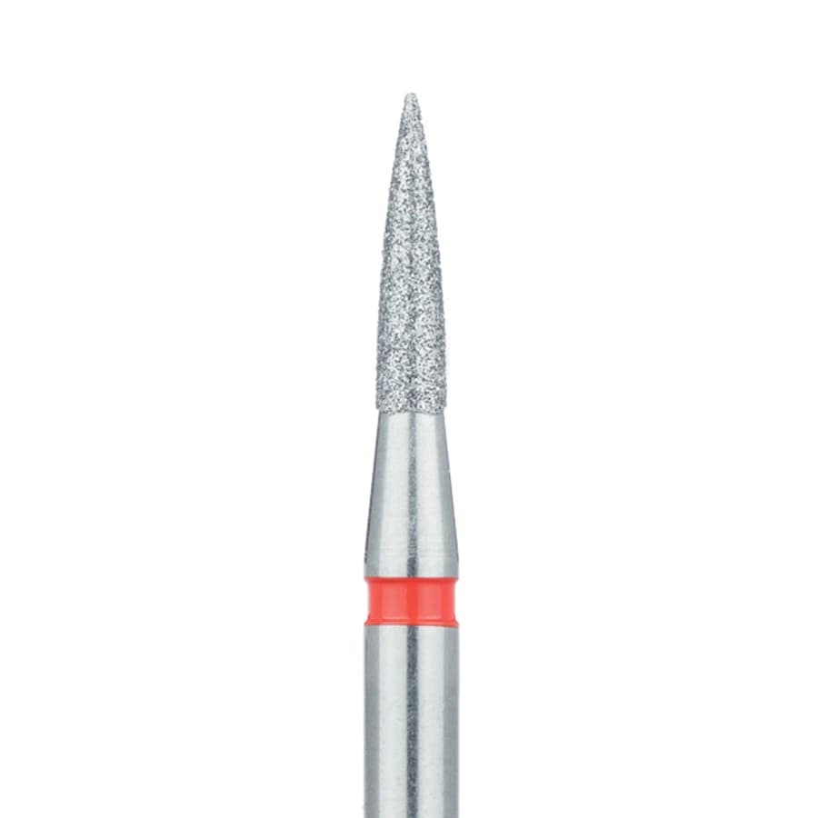 Meisinger 862F-016-HP Fine Diamond Bur, Flame Shape, 1.6 mm Diameter, 8 mm Working Length, HP Shank, Red Ring, 5/Pack - Diamond Instruments – HP, Medium, Cone - Fine HP, Size #862F-016-HP, 1.6 mm Diameter - Image 1