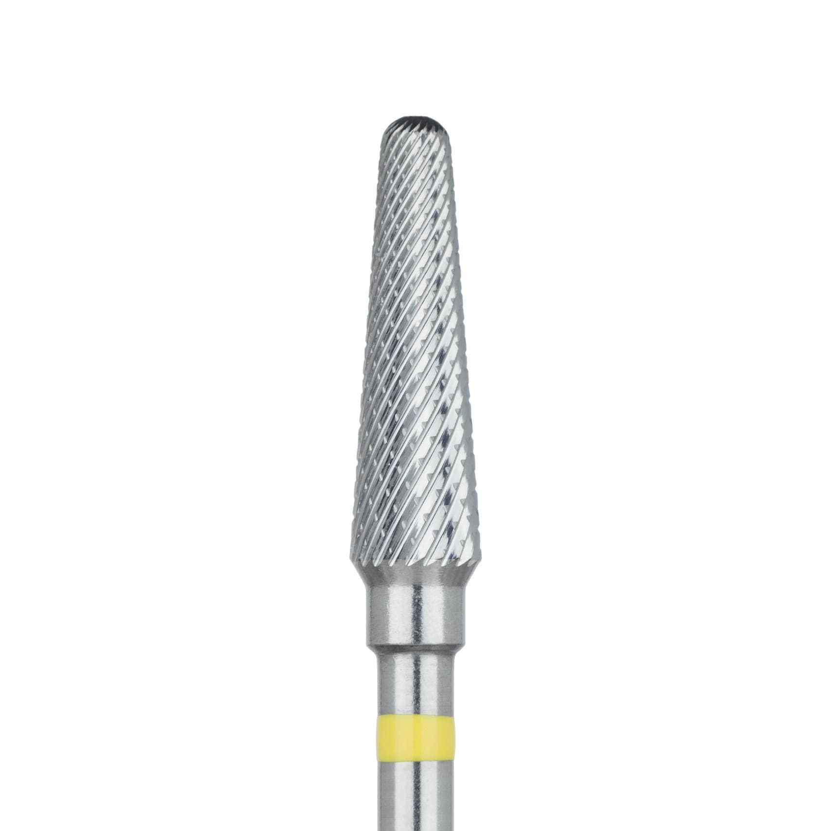 Meisinger Tungsten Carbide Lab Bur, HM79EX-040, X-Cut Extra Fine, Tapered Round End, HP, 4.0 mm Diameter, 14.2 mm Head Length, Yellow Ring, 1 Each - Tungsten Carbide Cutters – EX – X-Cut Extra Fine, Yellow Ring - Conical, Round End – HM 79EX-040, HP, 4.0 mm Diameter, 14.2 mm Head Length - Image 1