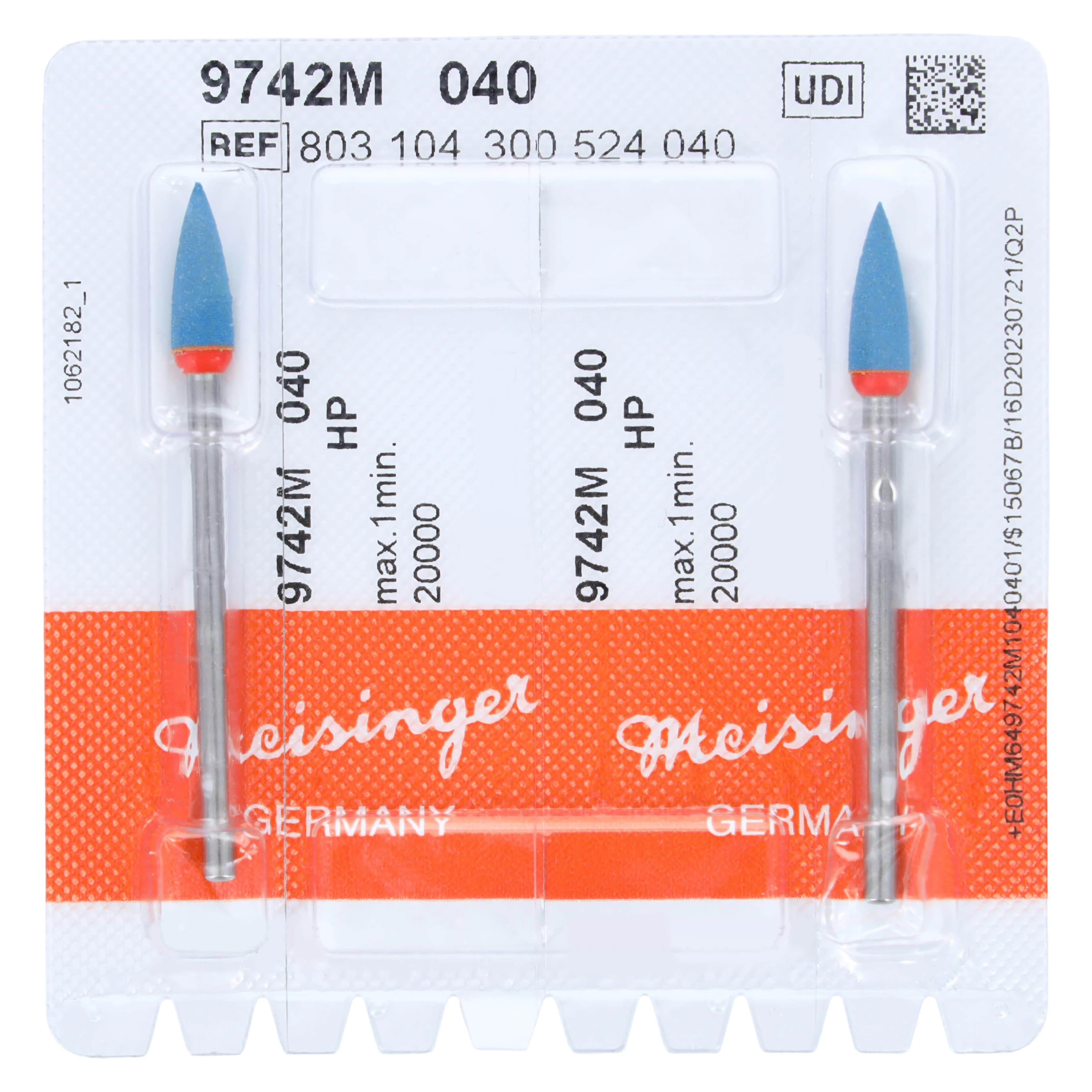 Meisinger 9742M-040 HP Porcelain Diamond Polisher, Flame/Point, Blue/Orange, Medium Grit, 4.0mm, 2/Pack - 9742M-040 HP PORC DIAMOND POLISHER BLUE/ORANGE (2) - Image 1