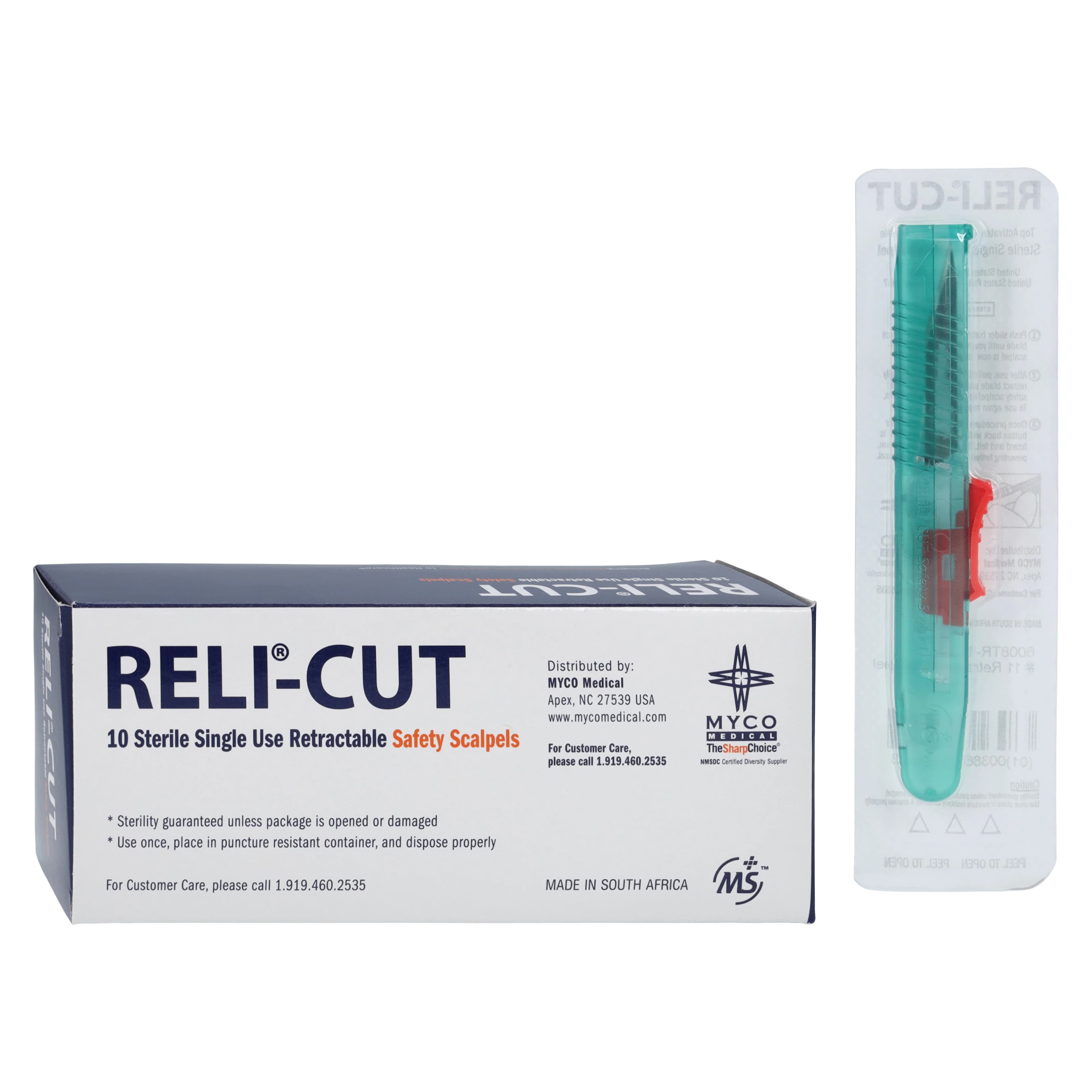 Myco Technocut Plus Disposable Safety Scalpel, #11 Stainless Steel Blade, Sterile, Retractable, 10/Box, 6008TR-11 - MYCO DISPOSABLE RELI-CUT SAFETY SCALPELS, 6008TR-11 - Image 1