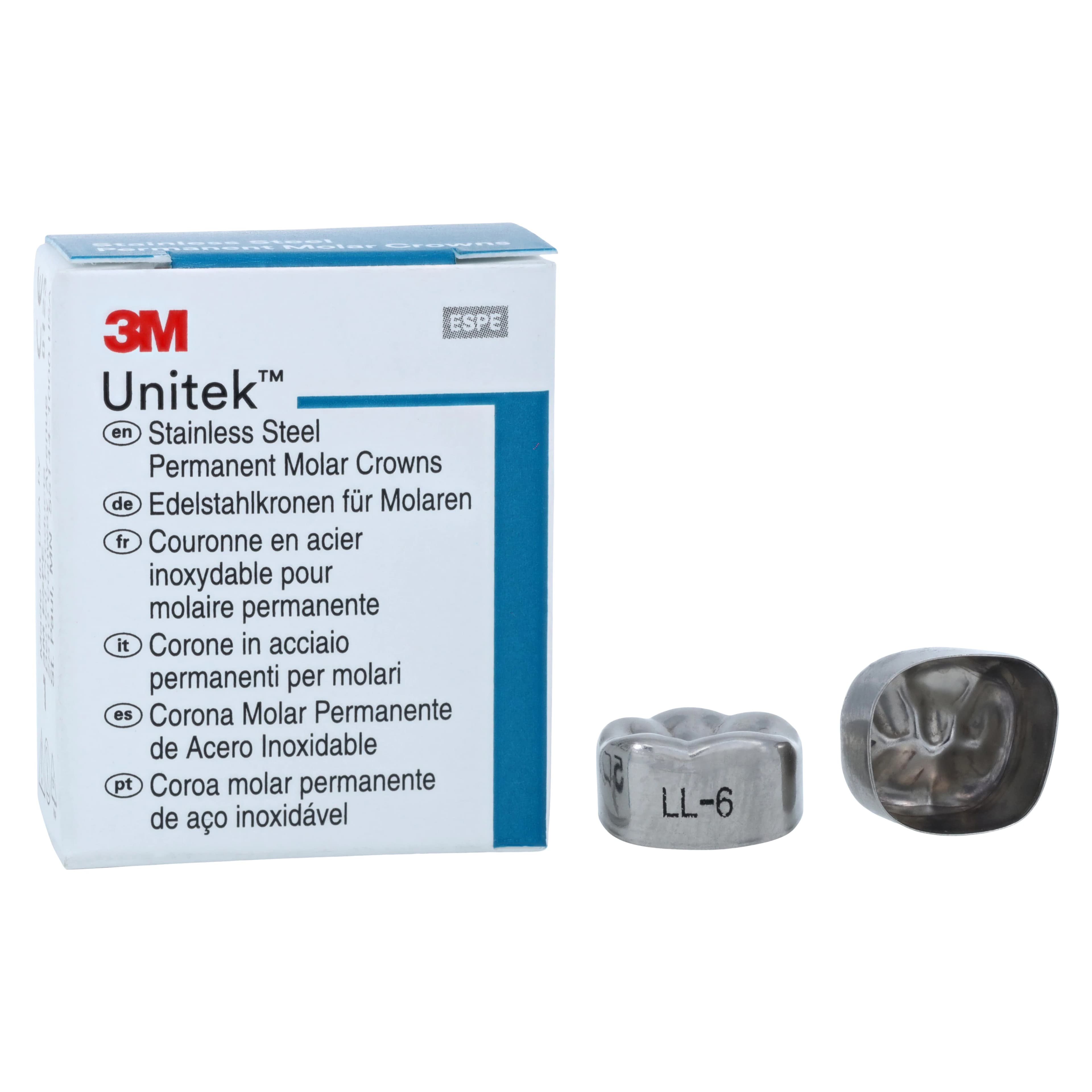 3M Unitek Permanent Stainless Steel Crowns, First Permanent Molar, Lower Left, Size 6 (1LL6), 5/Box, 900336 - 3M Unitek SS Permanent Molar Crowns Lower Left First Permanent Molar Size 6 5Bx - Image 1