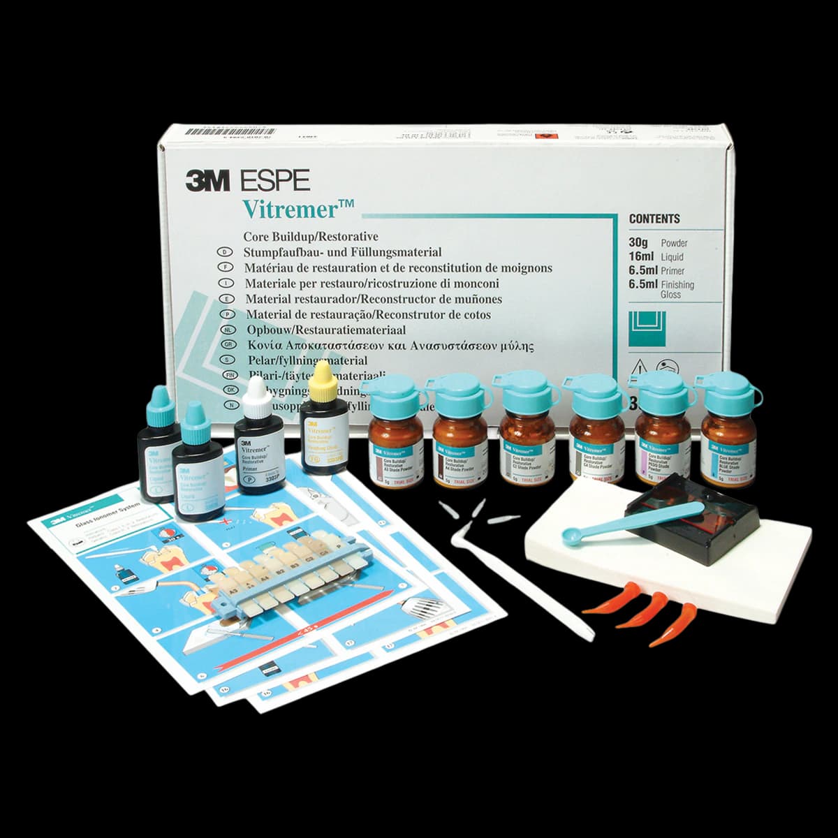 3M (Solventum) Vitremer Glass Ionomer Core Buildup/Restorative Introductory Kit, Assorted Shades A3, A4, C2, C4, Pedo, Blue, 3303I - Vitremer, Restorative System Kit, 3303I - Image 1