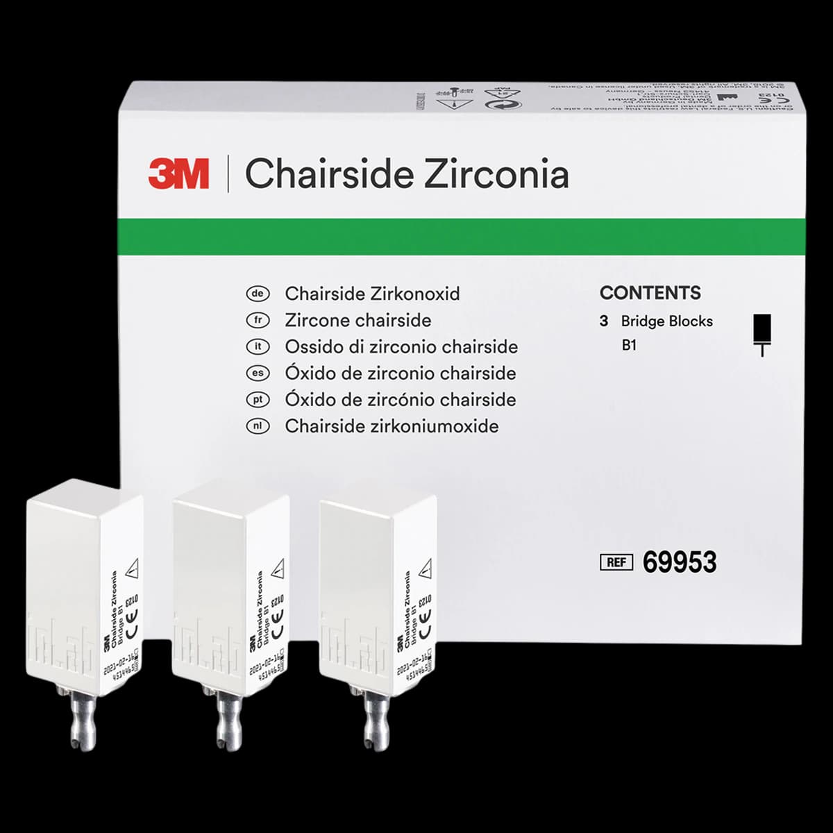 Solventum (3M) Chairside Zirconia Bridge Block, 39 mm, Shade B1, Refill, 3/Pk, 69953 - Chairside Zirconia Bridge Block 39mm Refill B1 3/Pk - Image 1
