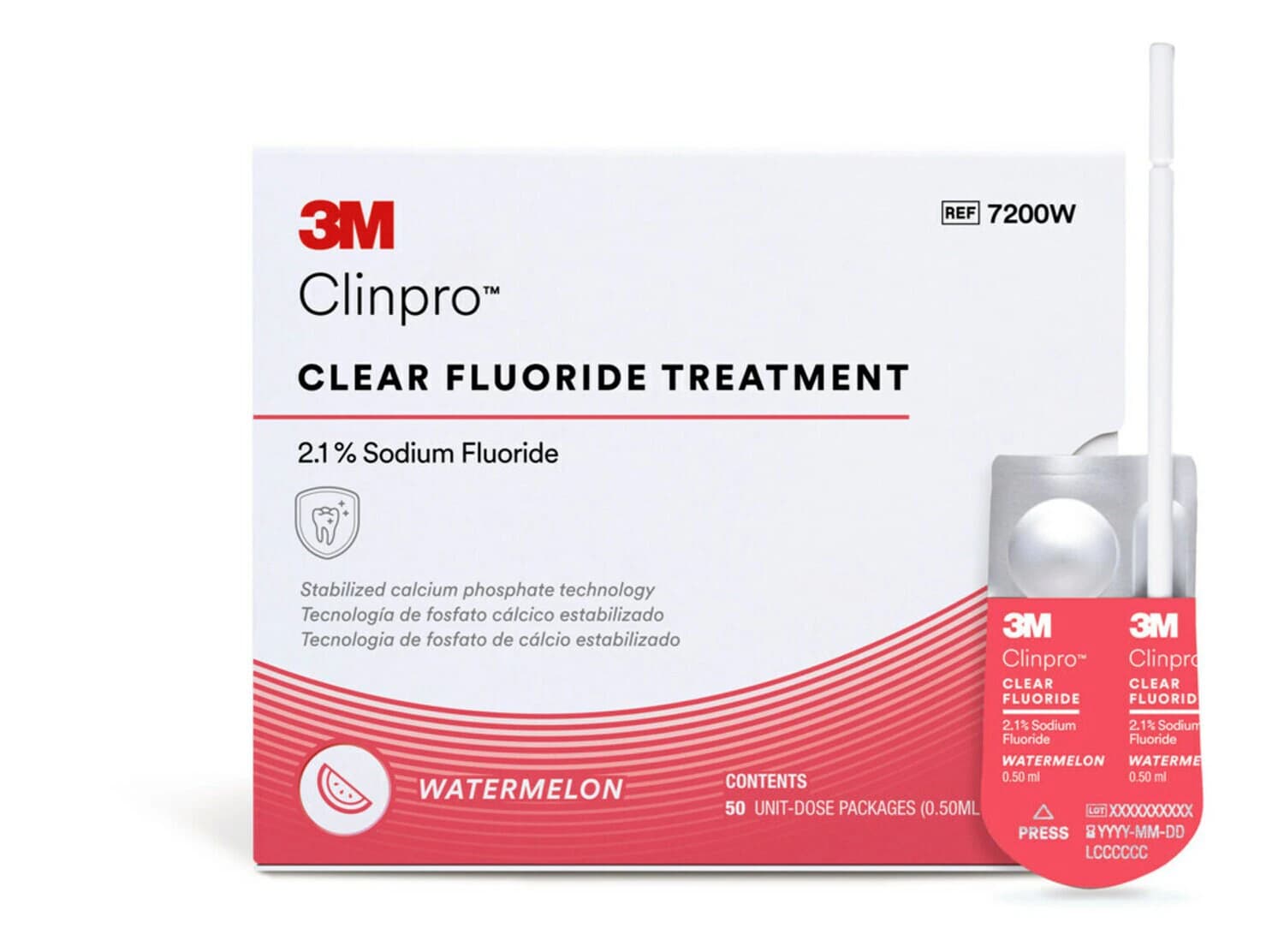 3M Clinpro Clear Fluoride Treatment, Watermelon, 2.1% Sodium Fluoride, 0.5 mL Unit Dose, 50/Pk, 7200W - Clinpro Clear Fluoride Treatment 0.5mL 50/Pk Watermelon - Image 1