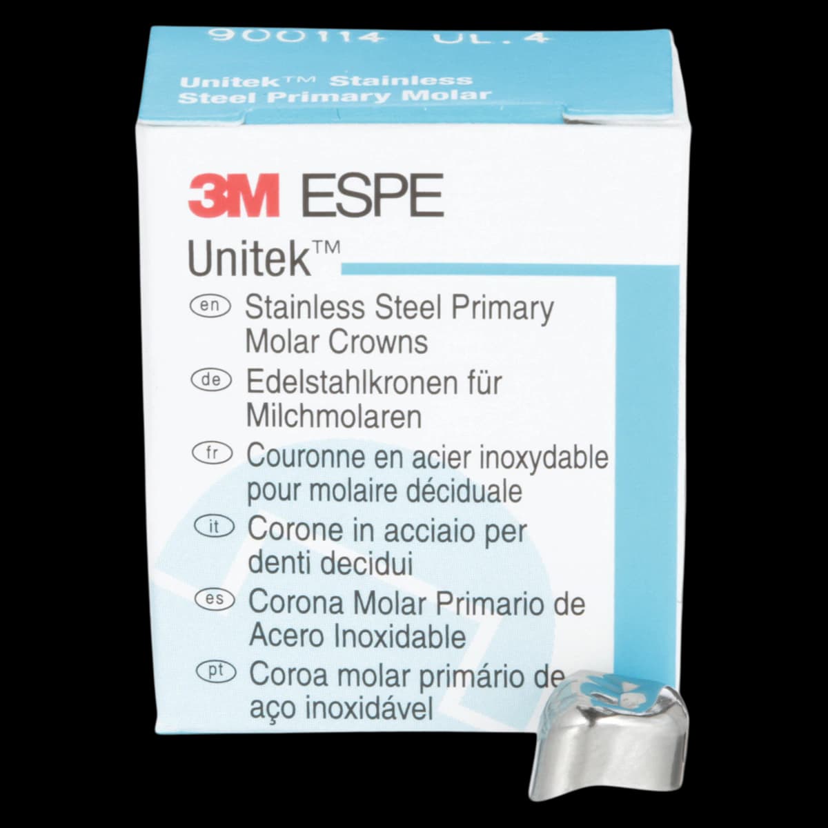 3M Unitek Stainless Steel Primary Molar Crown, Upper Left First Primary Molar, Size 4, 5/Box, 900114 - 3M Unitek Stainless Steel Primary Molar Crowns Upper Left First Size 4 5Bx - Image 1