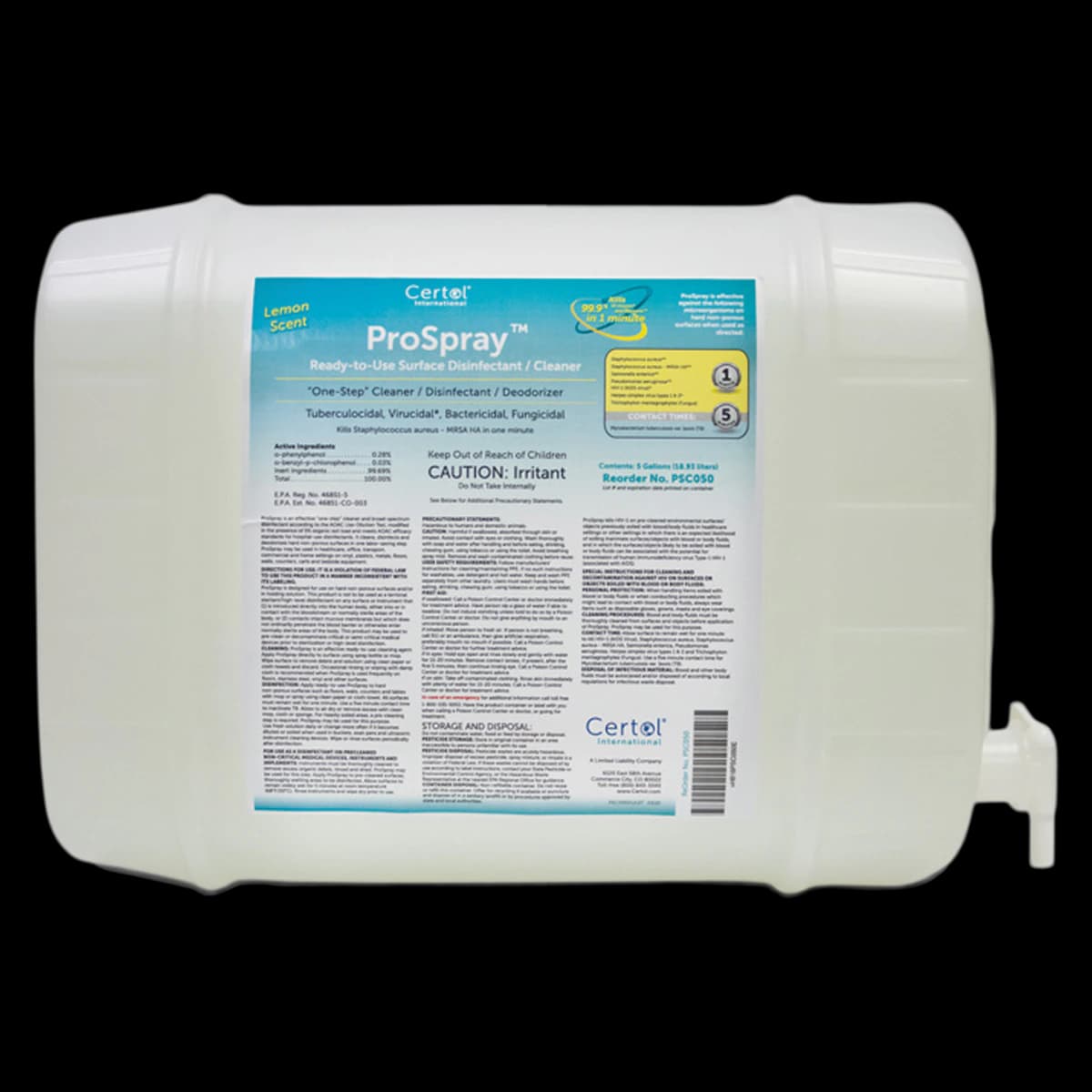 Spec Clean Ready-to-Use Surface Disinfectant/Cleaner, 5 Gallon Refill with Spigot, PSC050-1 - Spec Clean Pre-Treatment Foam Spray, Ready to Use Surface Disinfectant/Cleaner w/Spigot, 5 Gallon, 5 Gallon, PSC050-1 - Image 1