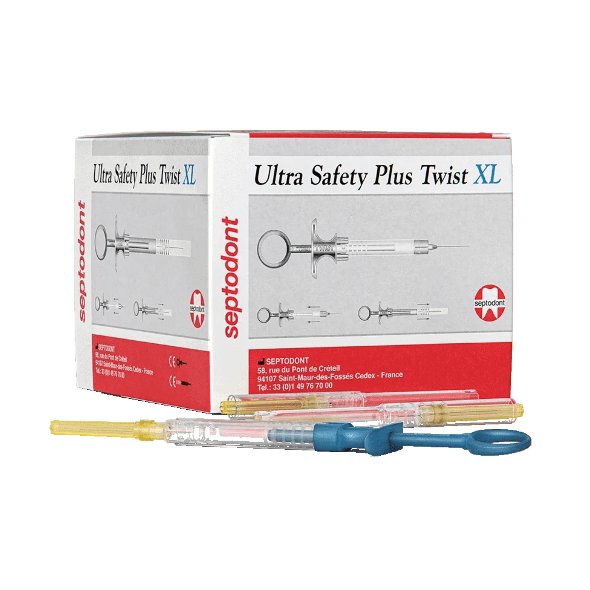 Septodont Ultra Safety Plus Twist XL Safety Syringe Kit, 25G Long (Red), 35 mm, 100 Sterile Needles + 1 Reusable Handle, 01N4452 - SEPTODONT ULTRA SAFETY PLUS TWIST XL SYRINGES 01N4452 - Image 1