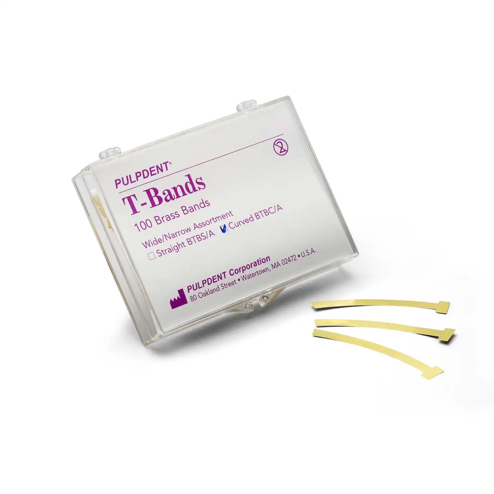 Pulpdent T-Bands Matrix Bands, Brass, Curved/Wide, 0.002 in (0.05 mm), 100/Pk, BTBC/W - T-Bands, Curved, Wide, Brass, 0.002 Inch, 0.05 mm, 100/Pk, BTBC/W - Image 1