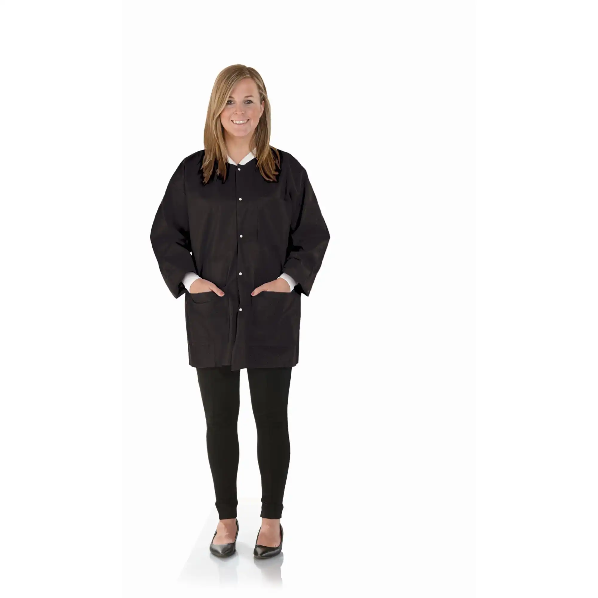SafeWear Hipster Jacket, Jet Black, Medium, Latex-Free, Fluid Resistant, AAMI Level 2, 12/Pk, 8118-B - SafeWear™ Jet Black Hipster Jacket Medium Latex-Free Fluid Resistant AAMI Level 2 Pack of 12 - Image 1