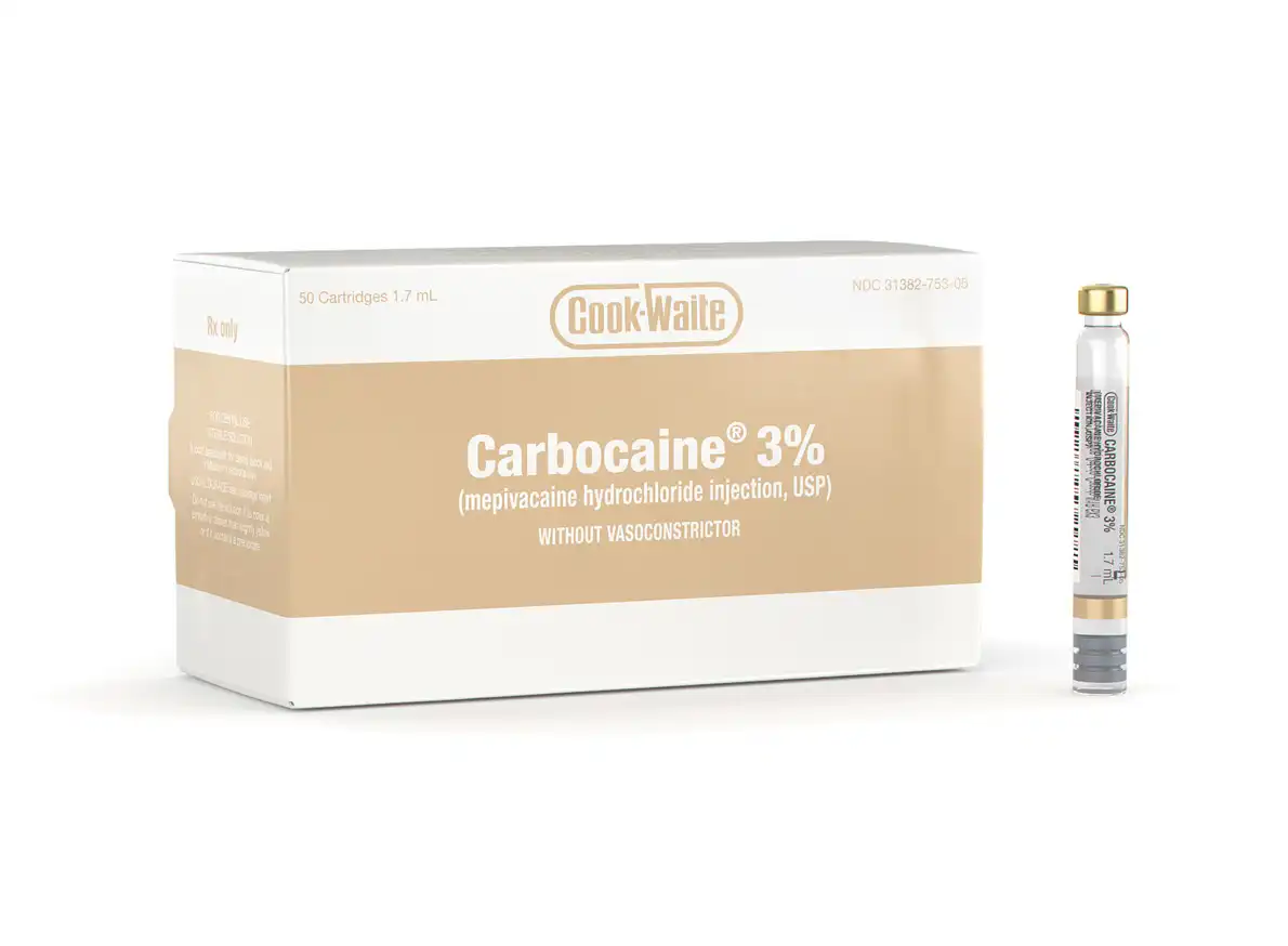 Septodont Carbocaine 3% Mepivacaine HCl Plain Local Anesthetic, 1.7 mL Cartridges, Tan, 50/Pk, SEP-99171 - Carbocaine 3% Mepivacaine HCl Plain, 1.7 ml, Tan, 50/Pk - Image 1