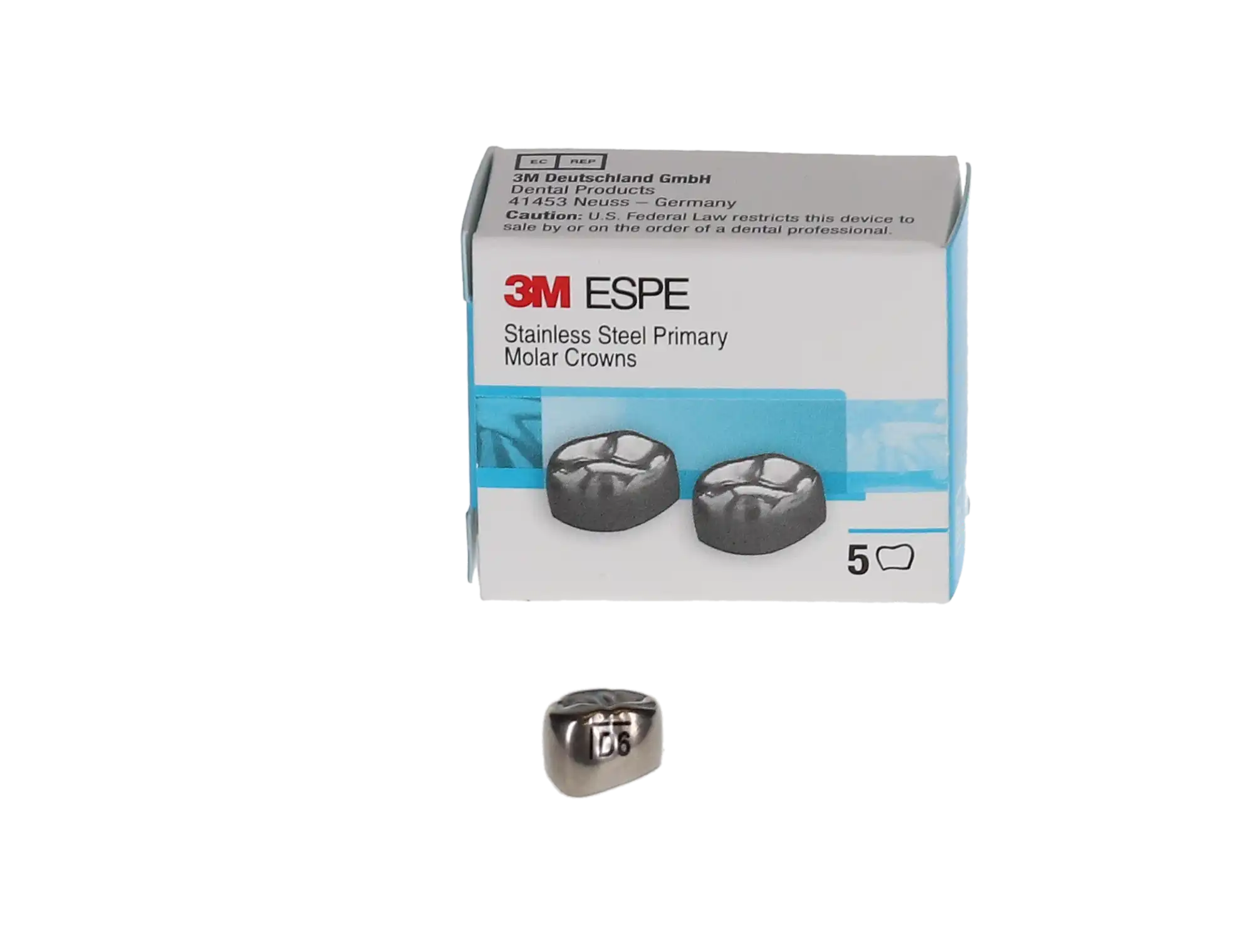 3M ESPE Stainless Steel Primary Molar Crown, First Primary Molar, Lower Left, Size DLL6, 5/Box, D-LL-6 - 3M™ ESPE™ SS Crowns Size DLL6 1st Primary Molar Box of 5 - Image 1