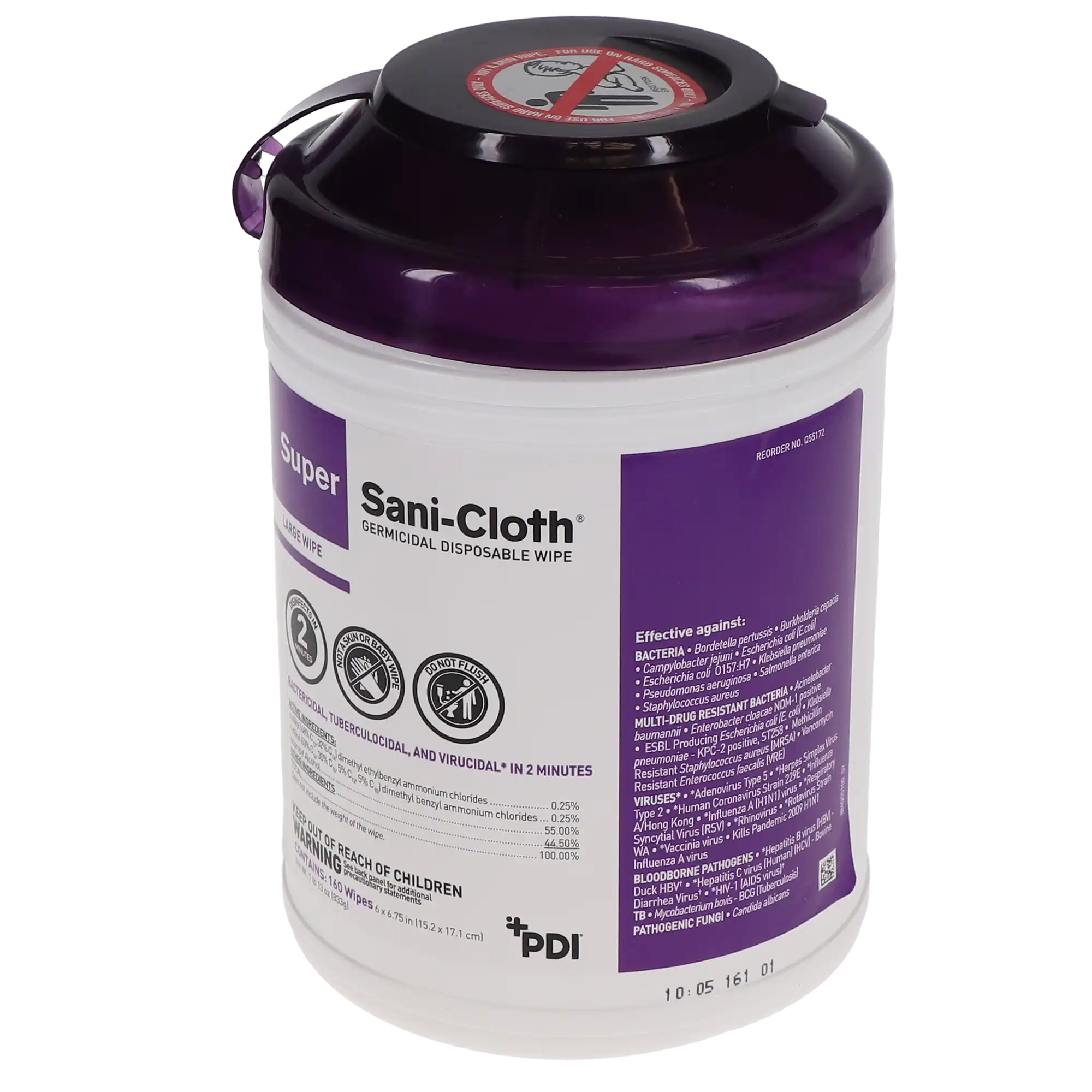 PDI Super Sani-Cloth Large Germicidal Disposable Wipes, 6" x 6.75", High Alcohol 55%, 160/Canister, Q55172 - Super Sani-Cloth Large Wipes (6" x 6.75") High Alcohol (55%). EPA - Q55172 - Image 1