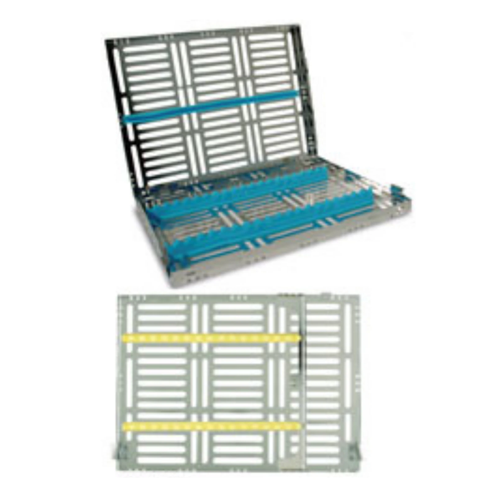 Nordent Large Sterilization Cassette, 15 Instruments with Divider, Yellow, Stainless Steel, 8"W x 11"L x 1.25"H - Nordent Large, 15 Instrument plus 3"x 8" open area Sterilization Cassette - Image 1